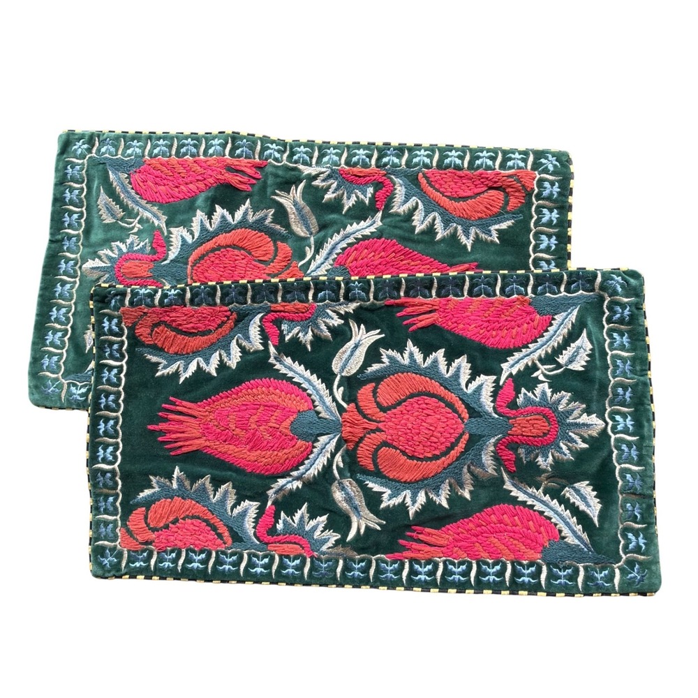 Indian Folk Boho Maximalist Embroidered Velvet Pillow Covers Pair Green 14x26
